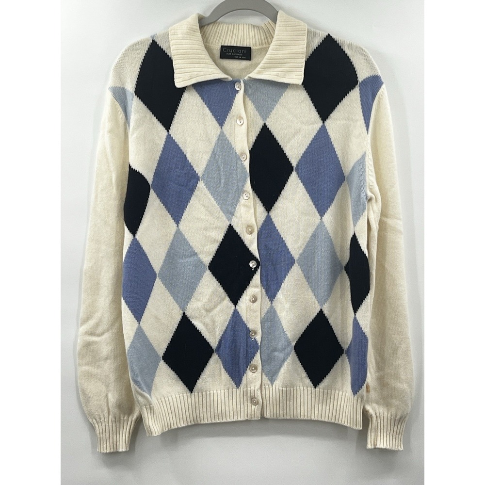 100% Cashmere Sweater Large XL Argyle Cruciani Italy